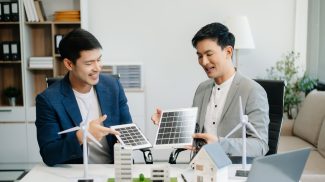 business team people planning and discussing on recycle reduce reuse policy symbol