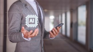Businessman Holding Smartphone with AI Technology Concept in Modern Office