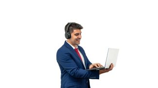 Businessman Working on Laptop with Headphones white background