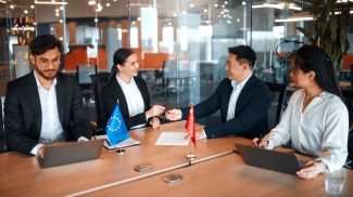 Diplomatic negotiations between countries in the office