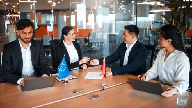 Diplomatic negotiations between countries in the office