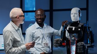 Engineers discussing artificial intelligence in lab
