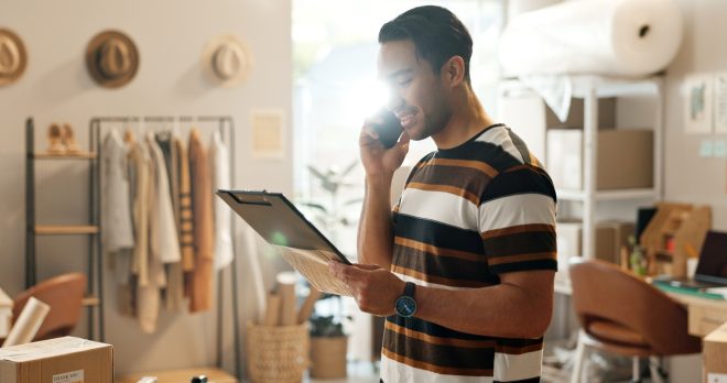 Fashion designer, man and phone call and checklist for e commerce, startup communication or small b