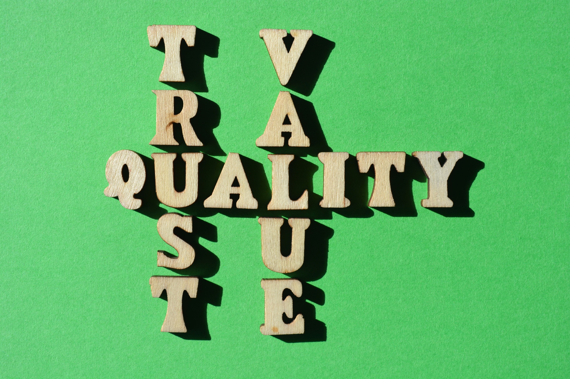 Quality, Trust, Value, words as crossword