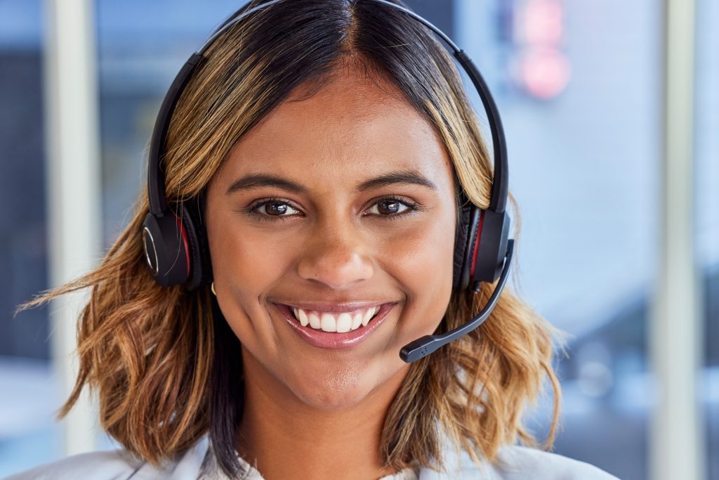 Telecom, call center or portrait of happy woman in lead generation for communications company. Frie