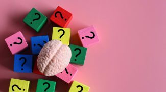 Top view image of brain and wooden cubes with question mark icon.